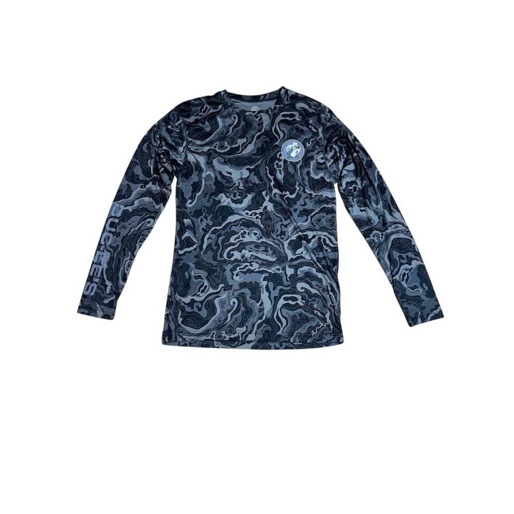 Buc-ees Mens Small Grey Topographic‎ Camo Long Sleeve Performance Shirt Graphic